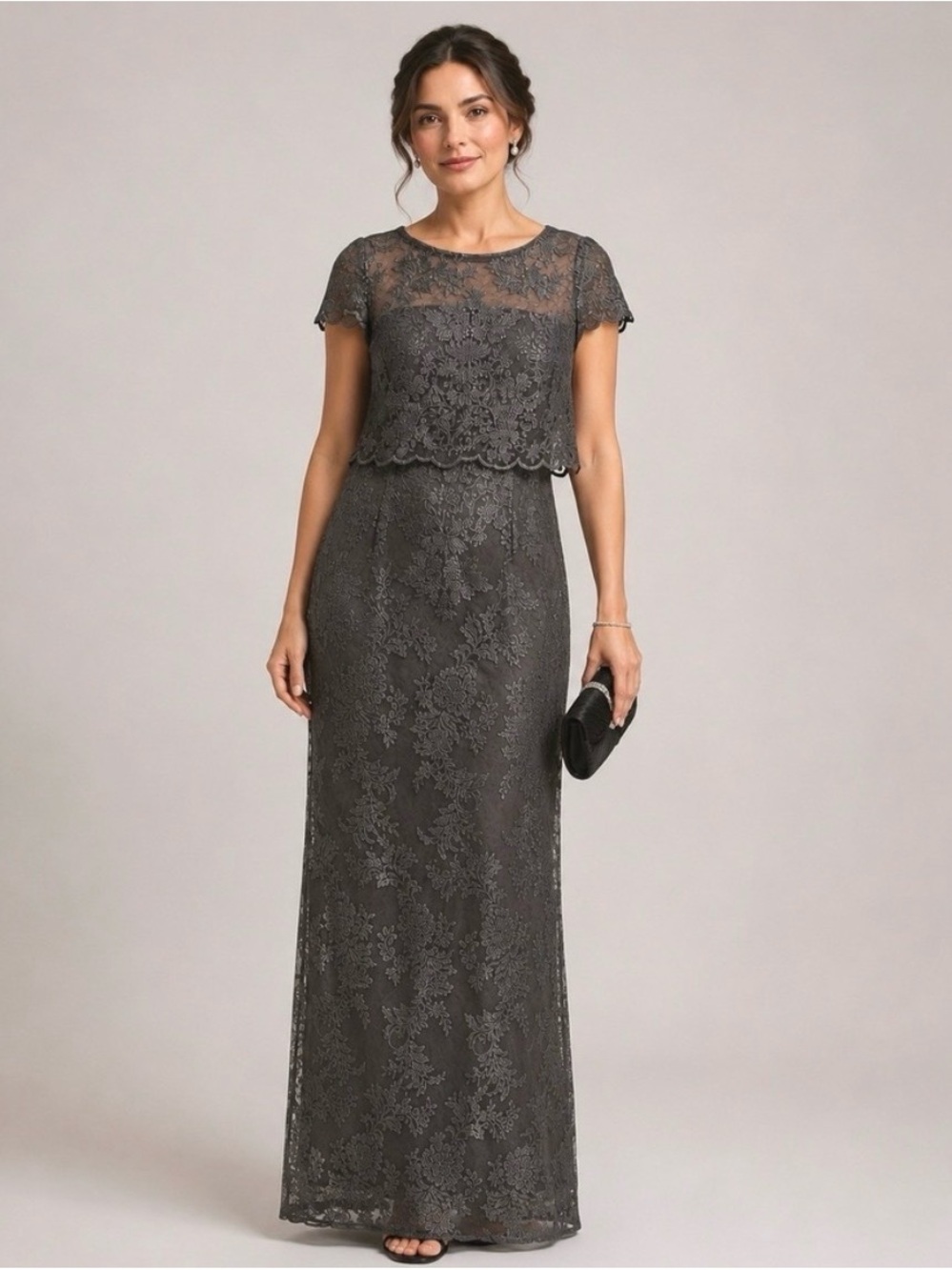 Adrianna Papell Womens Dress 10 Metallic Gray Floral Lace Gown Formal Wedding